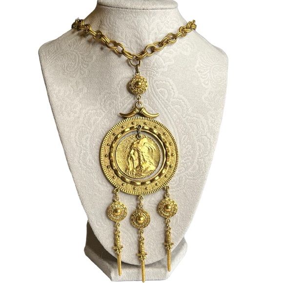 Trifari Jewelry - Vintage Trifari Viking Medallion Dagger Worrier Statement Necklace 1970s Gold